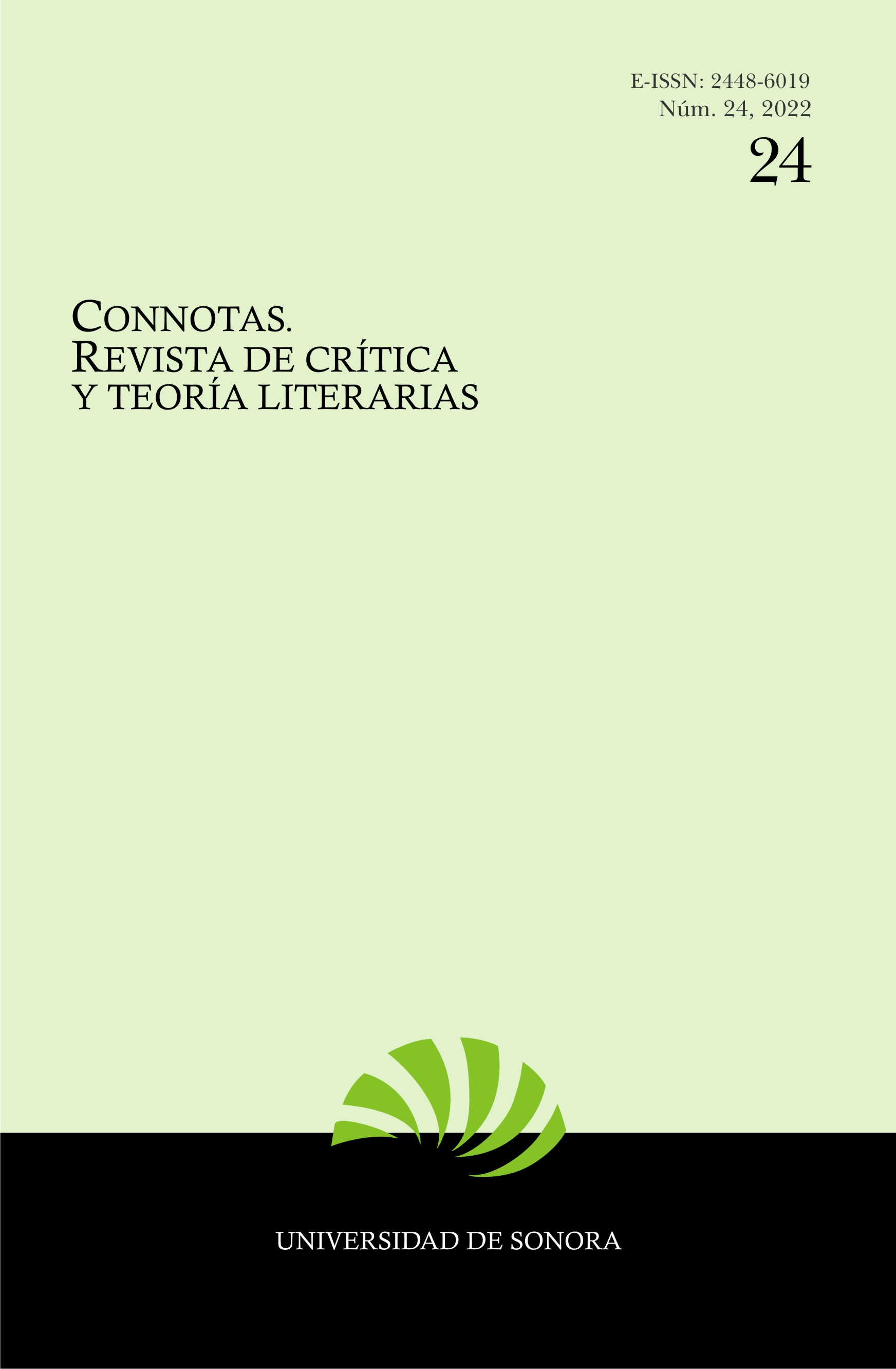 Portada del número 24 de Connotas. Revista de crítica y teoría literarias, con ISSN electrónico. Se especifica número, año de publicación e institución editora: la Universidad de Sonora.
