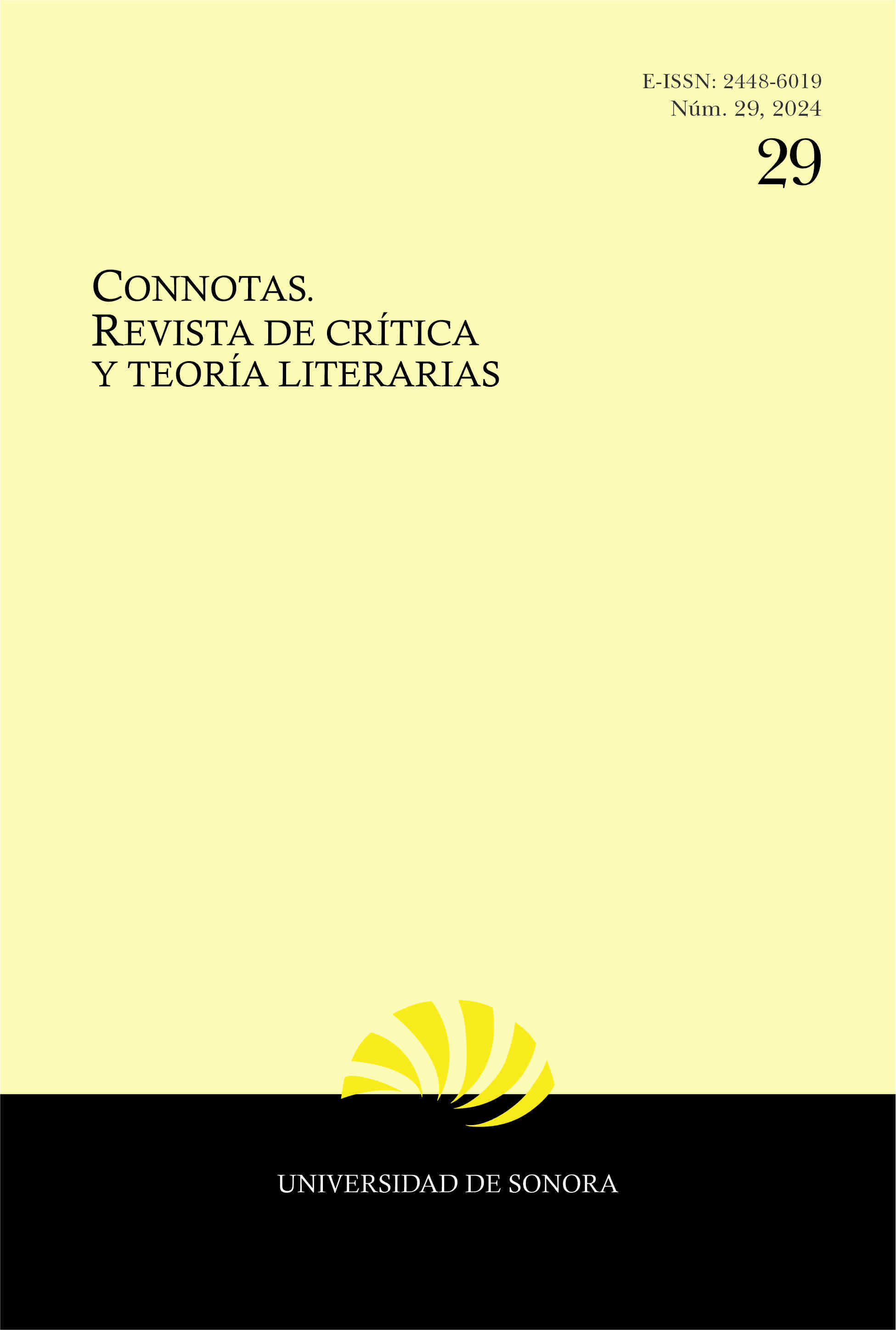 Portada del número 29 de Connotas. Revista de crítica y teoría literarias, con logo de revista e indicación de la Universidad de Sonora como entidad editora.